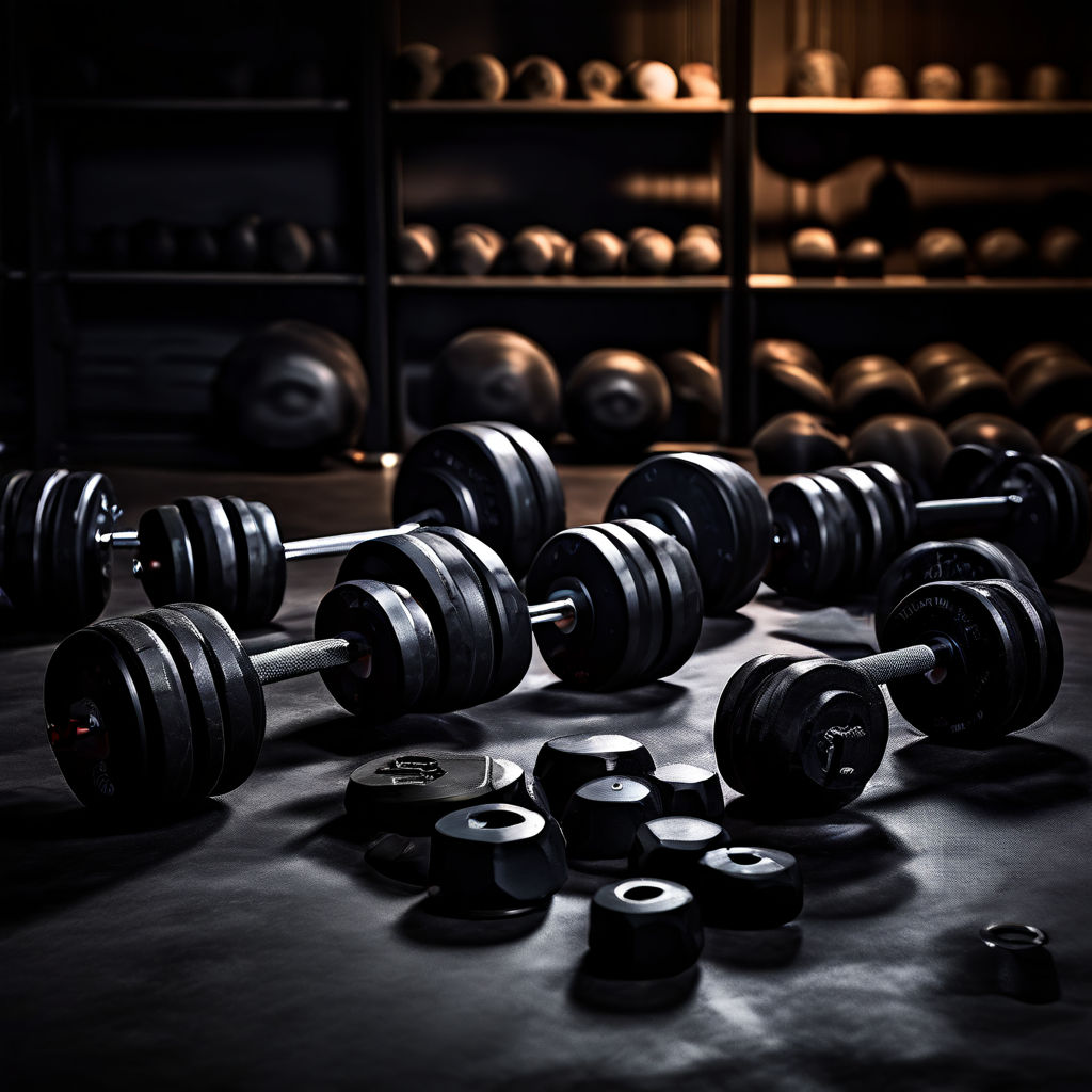 photo-contrast-of-various-free-weights-barbells-dumbbells-kettlebells-arranged-by-ascending-wei-909227473