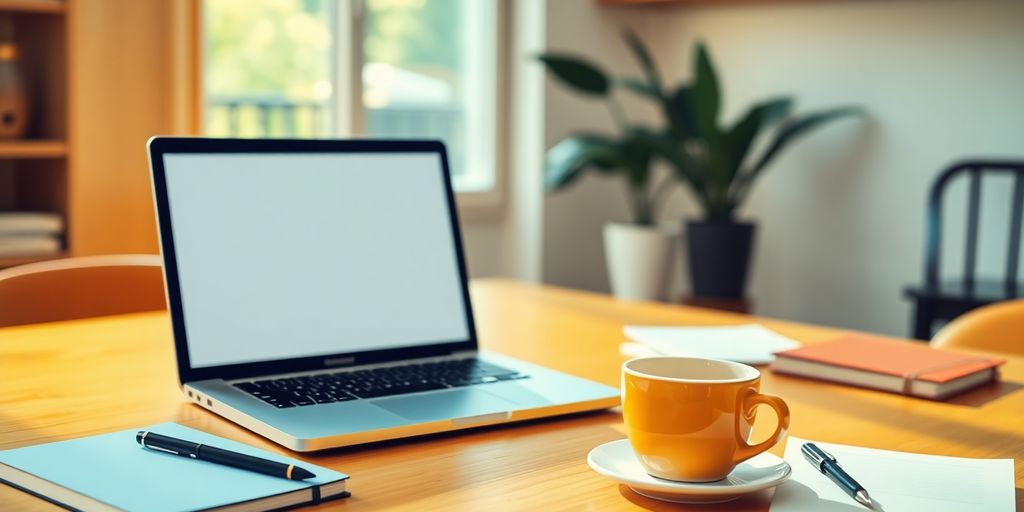 A cozy workspace with a laptop and notebooks.