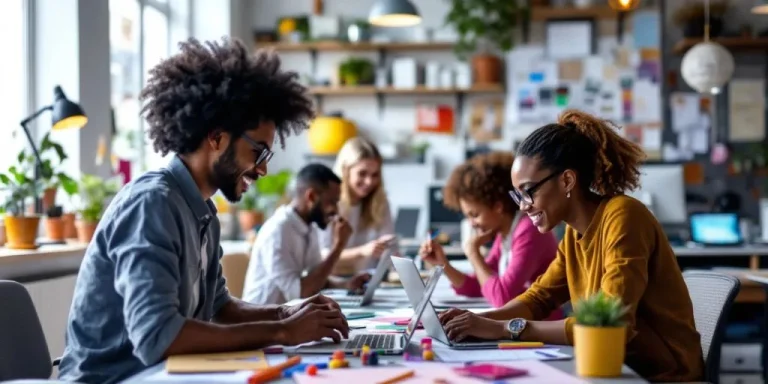 Diverse professionals collaborating in a modern workspace.