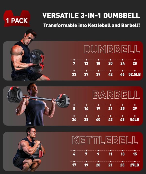Adjustable Dumbbell, 52.5/54LBS with 12 Free Weights, 1-Sec ...