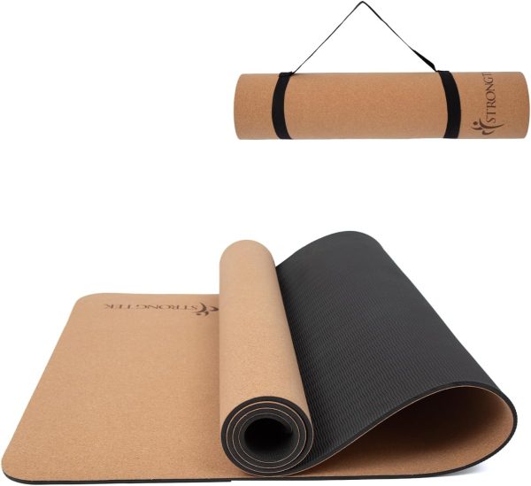 StrongTek Cork TPE Yoga Mat with Strap - Non-Slip, Dual-Laye...