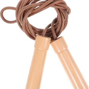 Yardwe Gym Jump Rope Leather Wood Jumping Hopping Rope Brown
