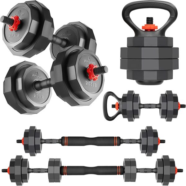 AmStaff 3-in-1 Adjustable Dumbbell, Kettlebell, Barbell Set,...
