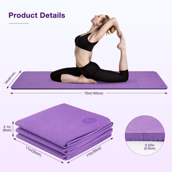 Foldable Travel Yoga Mat with Strap & Carrying Bag, TPE Pila...
