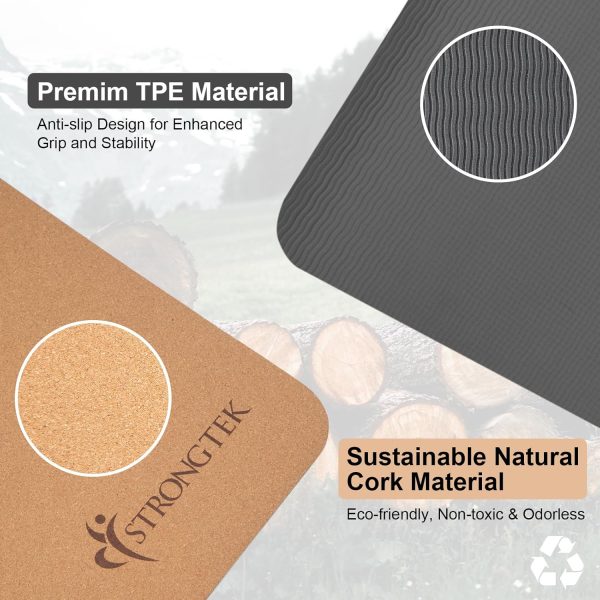 StrongTek Cork TPE Yoga Mat with Strap - Non-Slip, Dual-Laye...