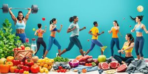 Diverse people exercising and healthy foods promoting fitness.