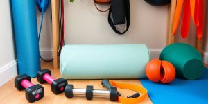 Home gym with affordable equipment like dumbbells and mats.