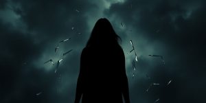 dark silhouette of an influencer with shattered reflections.
