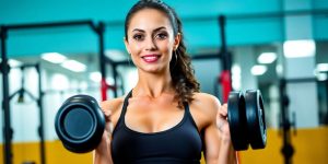 Woman lifting weights in a gym, showcasing strength.
