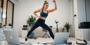 Person exercising in a modern office environment.