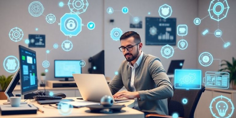 Entrepreneur using AI tools for enhanced productivity at desk.
